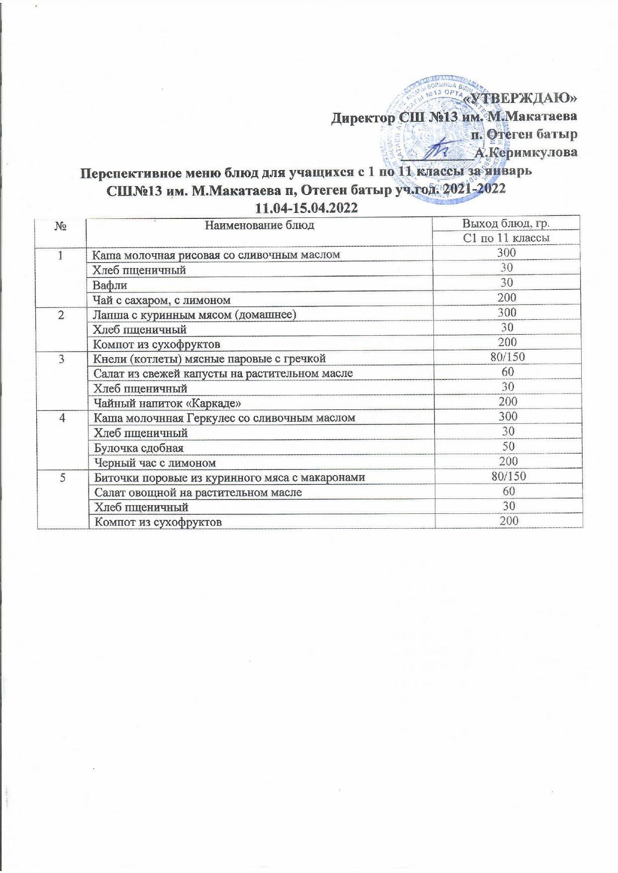 Асхананың перспективалық ас мәзірі 11.04-15.04