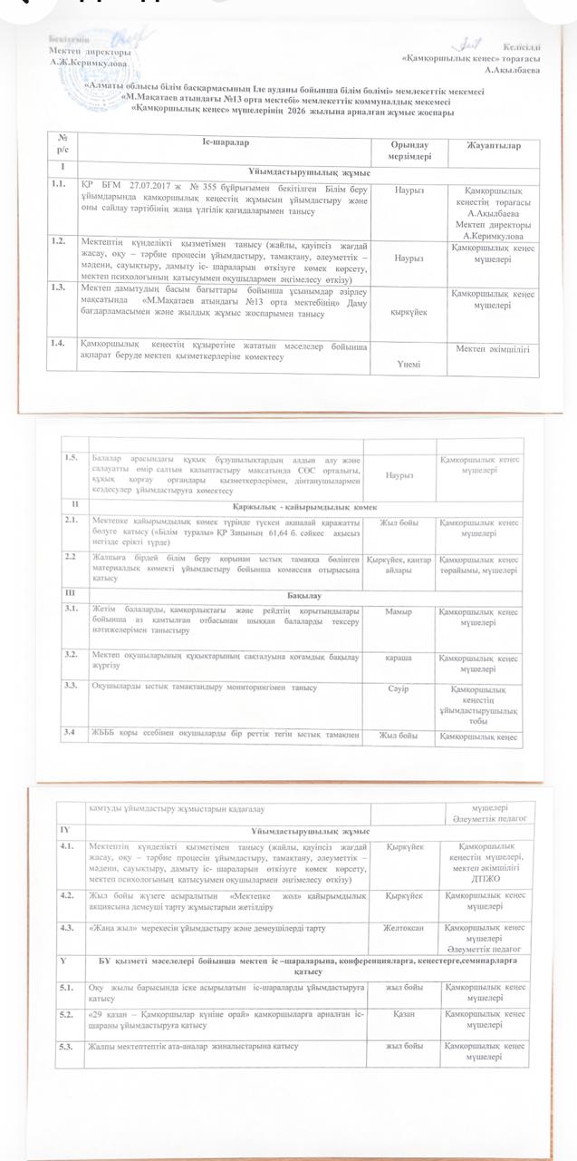 Қамқоршылық кеңесінің жылдық жұмыс жоспары 2026 жыл